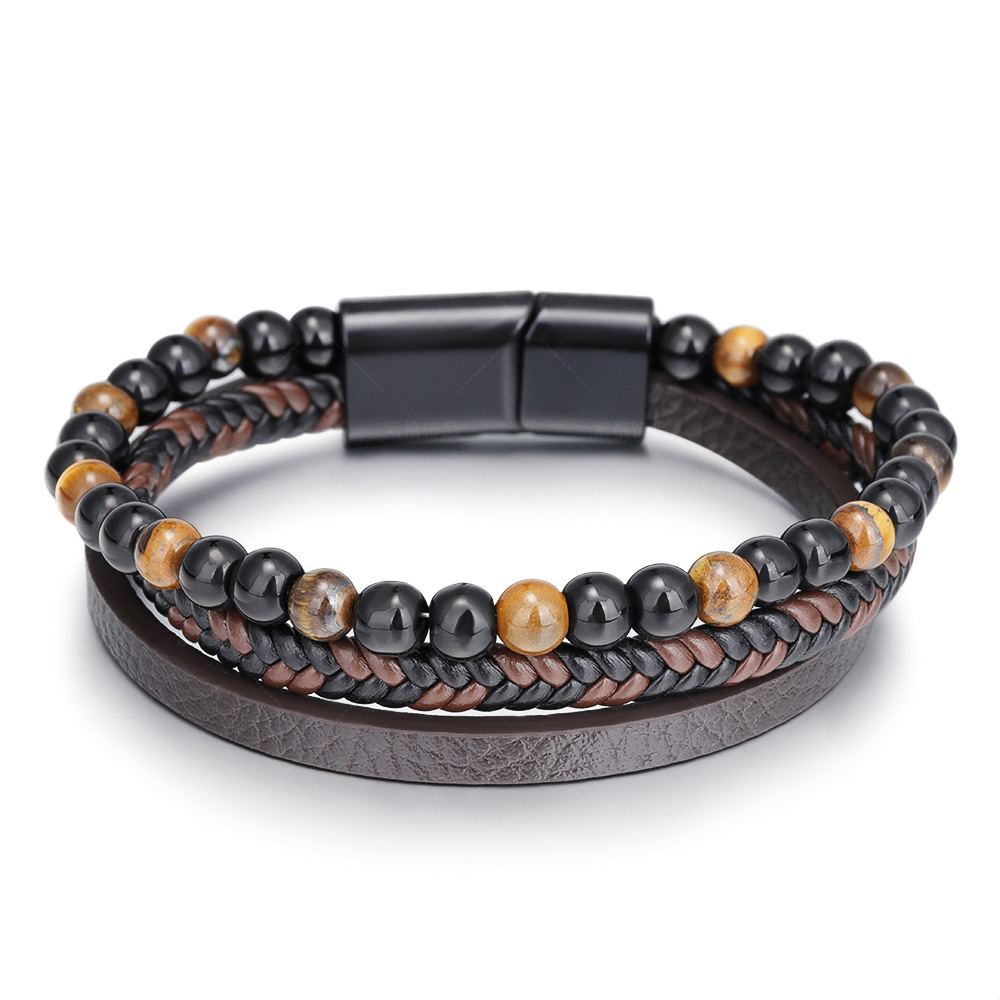 1 Piece Daily Style Bead Shape Leather Inlay Natural Stone Men's Bracelet 